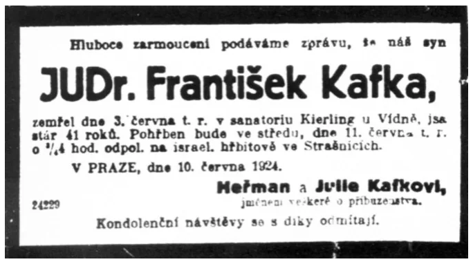 Franz Kafka smuteční oznámení ČJ